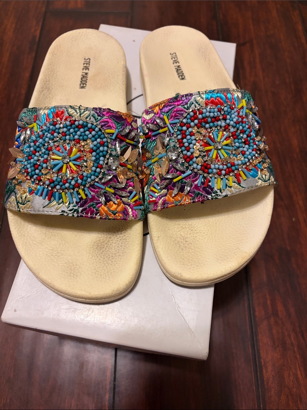 Steve Madden “Sparkly” Slides with Multicolor Beaded Embellishment